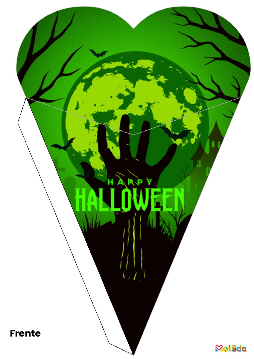Cono de Halloween verde con luna y bosque tenebroso