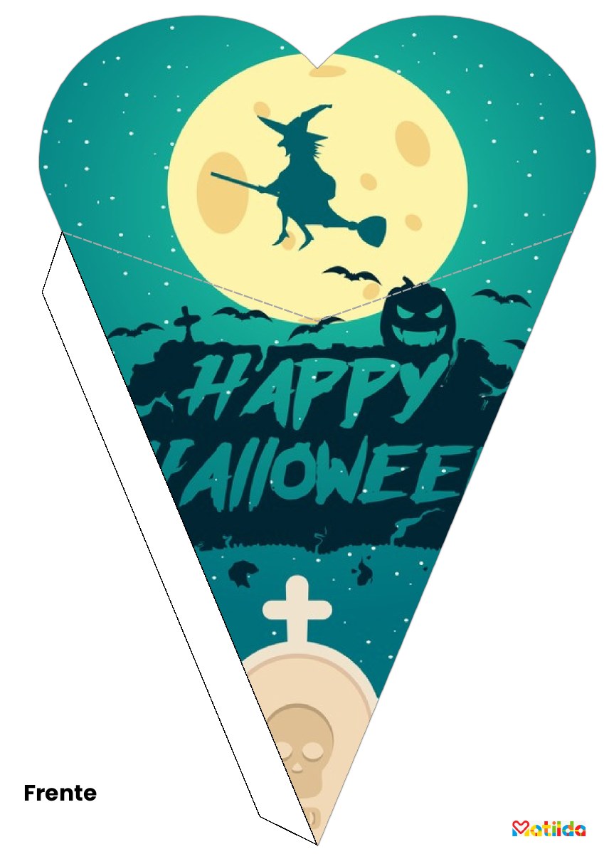 Cono de Halloween con bruja volando bajo la luna